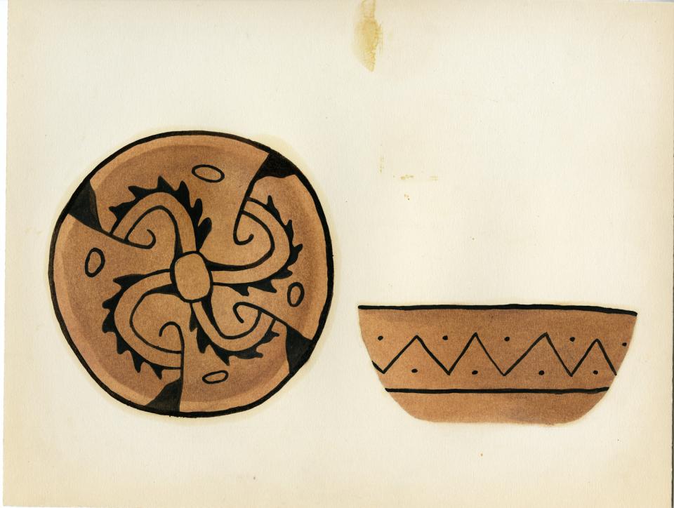 Painting of a black-on-buff bowl with stylized swastika