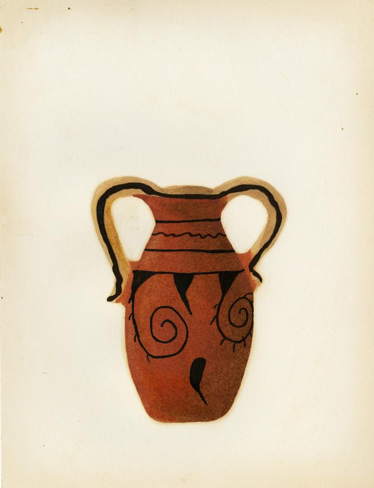 Painting of a black-on-red-and-buff jar with two side handles