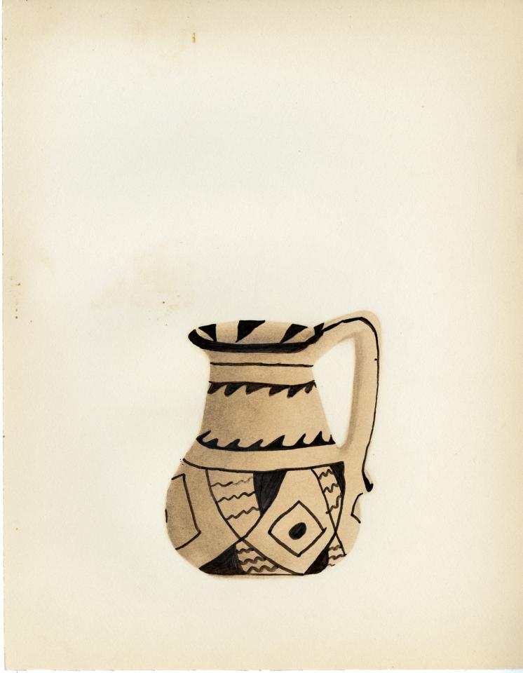 Painting of a black-on-buff pitcher with black triangles around inside of rim