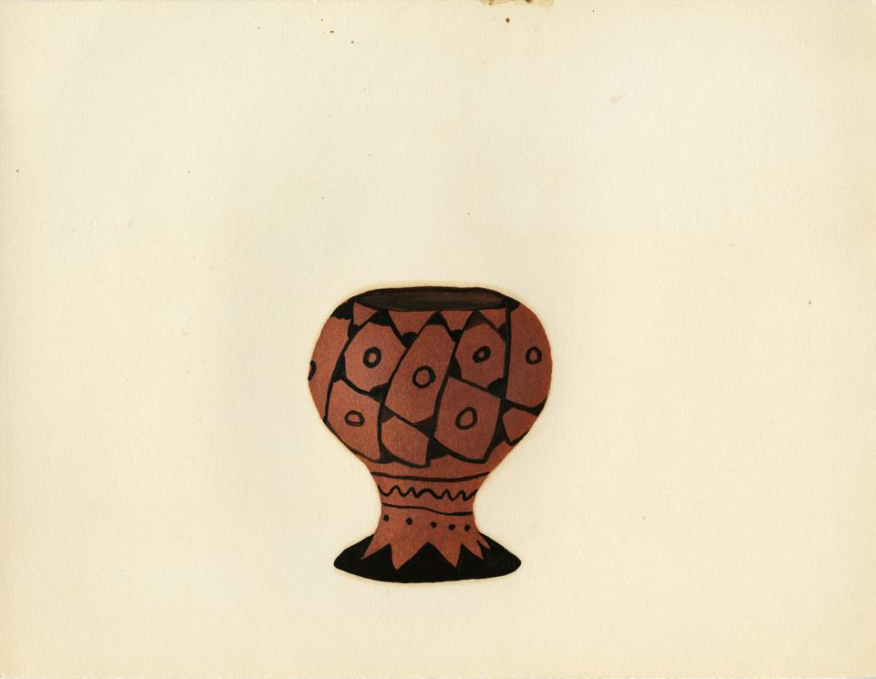 Painting of a black-on-red bowl with pedestal foot and bull's eye design