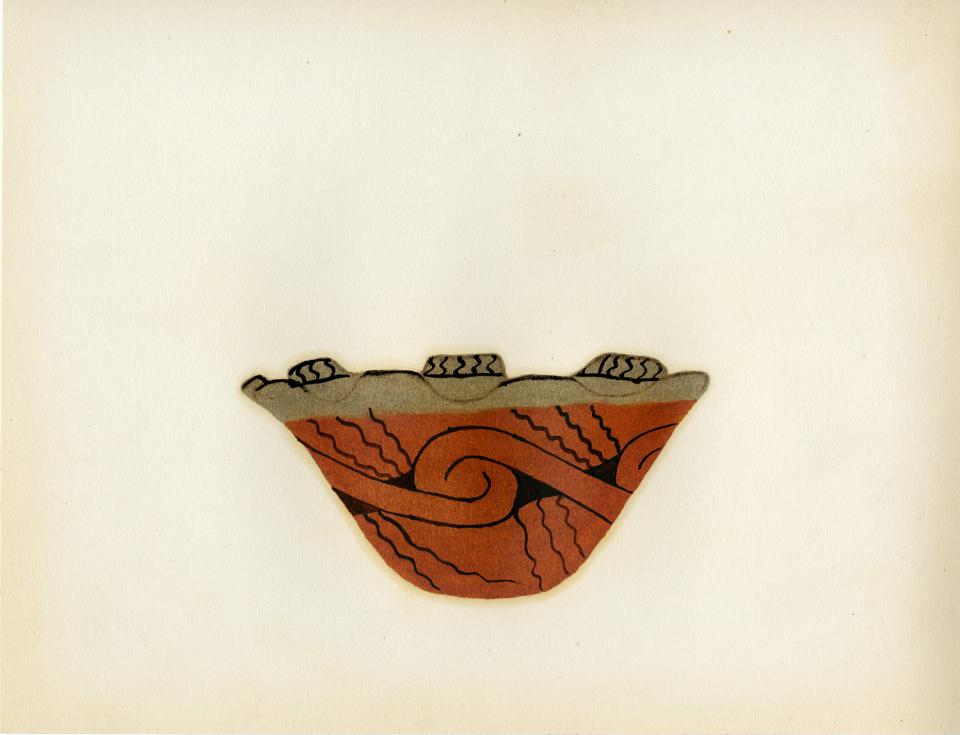 Painting of a black-on-red-and-buff bowl with scalloped rim