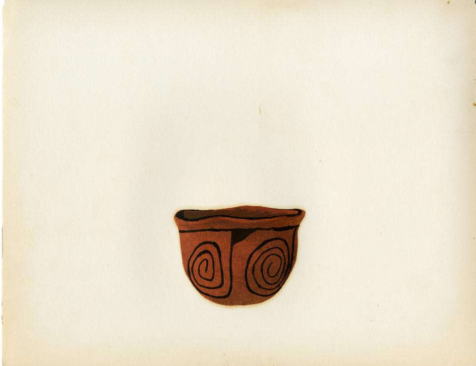 Painting of a black-on-red bowl