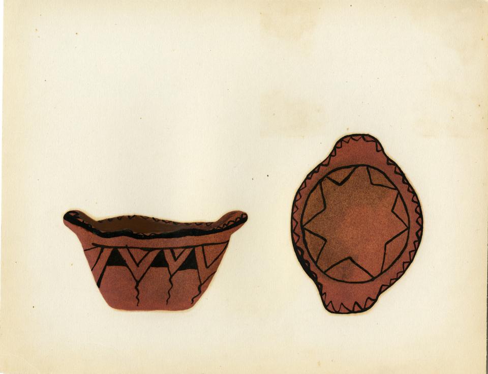 Painting of a black-on-red bowl with scalloped edge