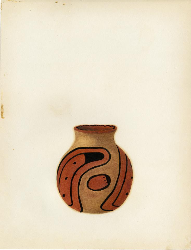 Painting of a black-and-red-on-buff jar with abstract patterns