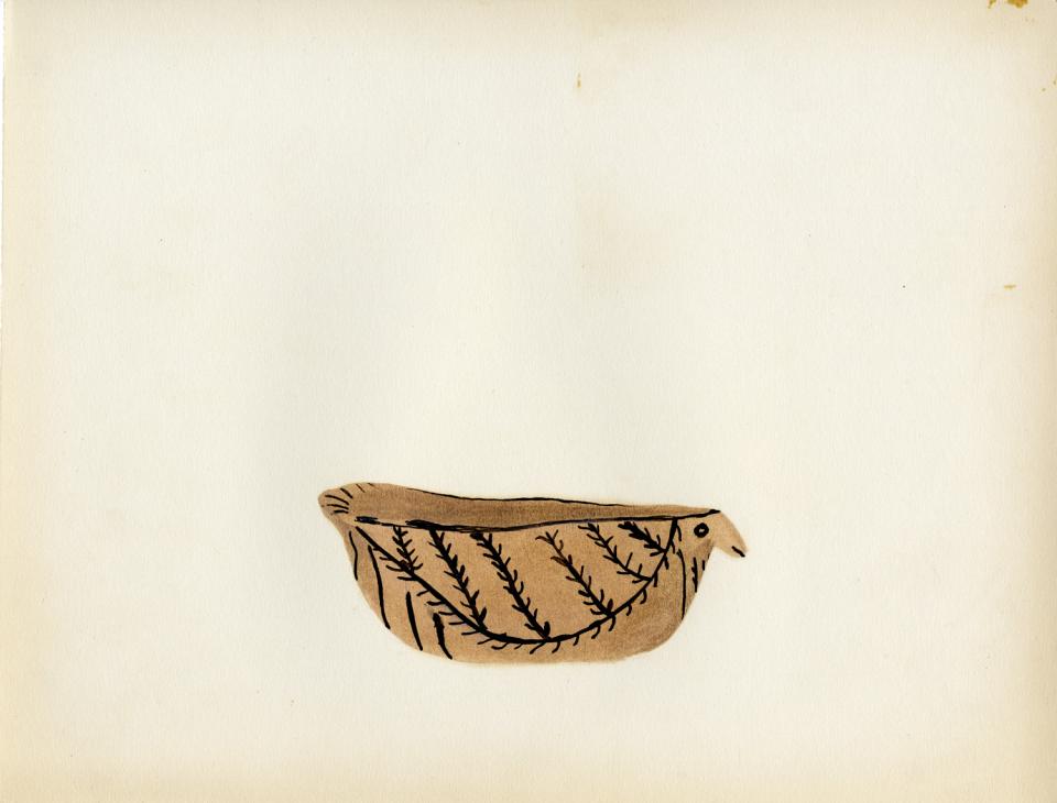 Painting of a black-on-buff bird figure bowl with a feather like pattern