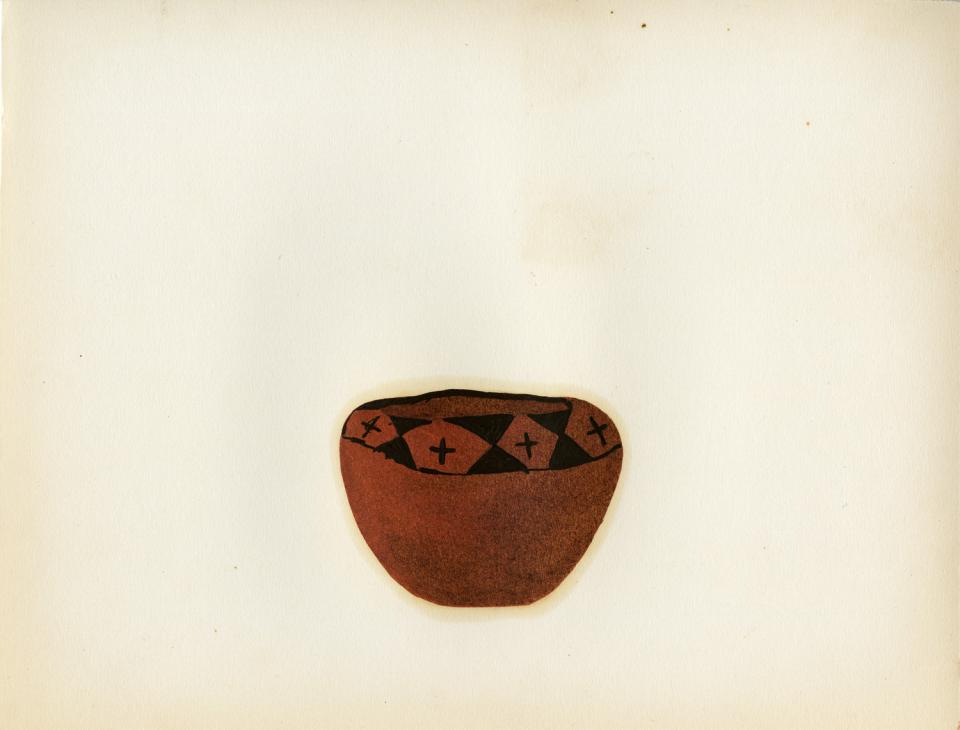 Painting of a black-on-red bowl with cross and black triangle pattern