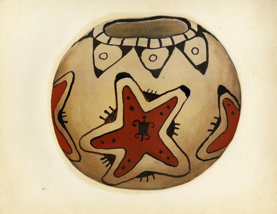 Painting of a black-and-red-on-buff jar with animal centered in star
