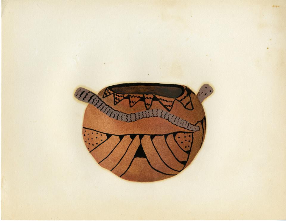 Painting of a black-on-red bowl with appliqued black-on-buff snake attached near rim