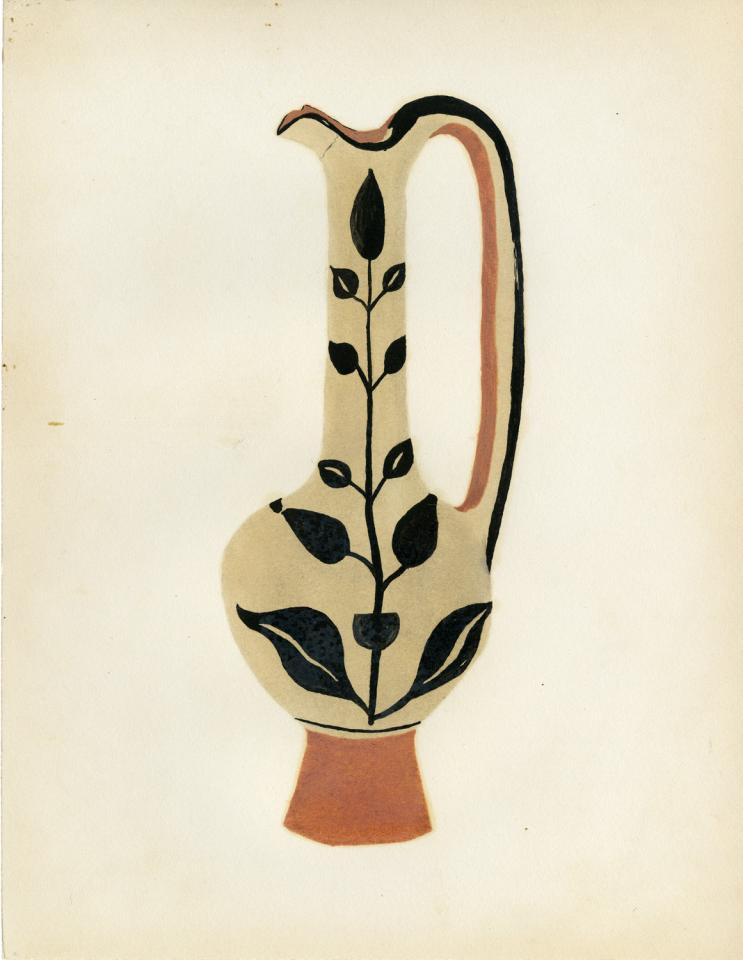 Painting of a polychrome long-necked pitcher with pedestal foot and leaf design