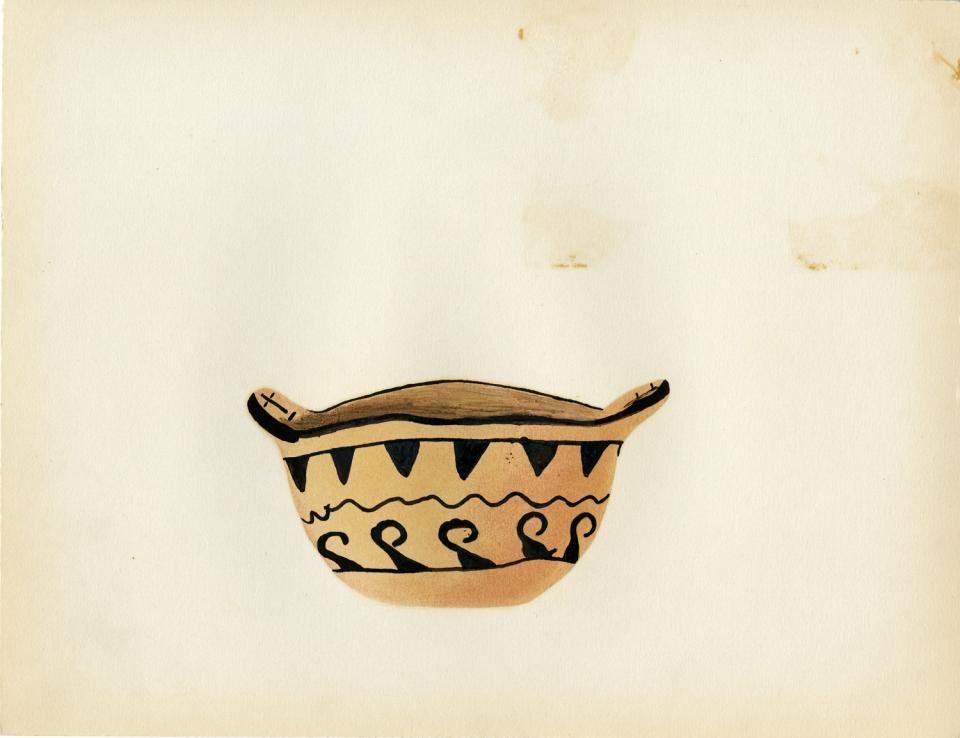 Painting of a black-on-buff bowl with lugs
