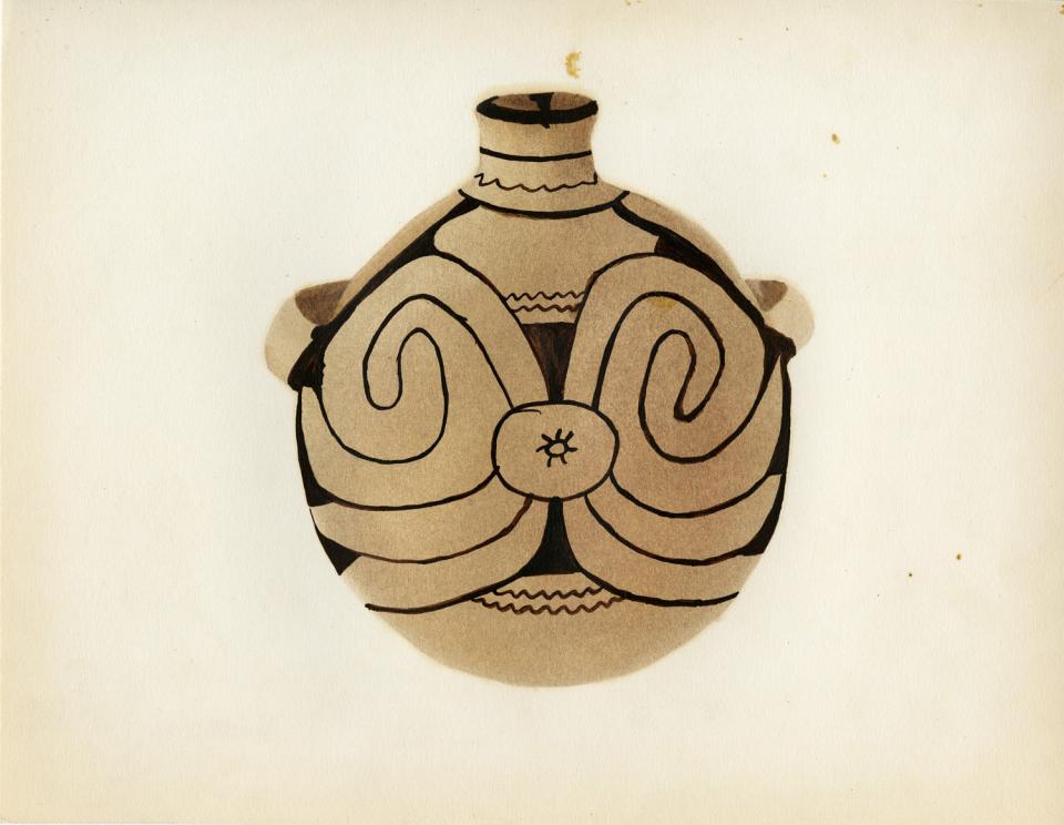 Painting of a black-on-buff jar with two handles and a centered sun design