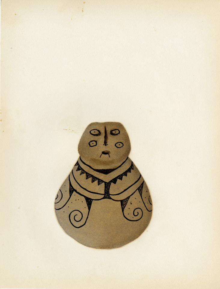 Painting of a black-on-buff human effigy jar with scrolls, black triangles, and dots.