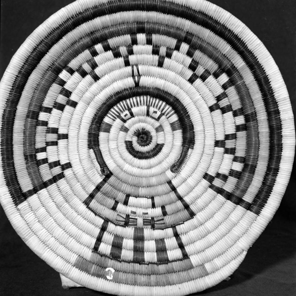 Hahay'I wuuti (Katsina Mother) coiled plaque with a rainbow design