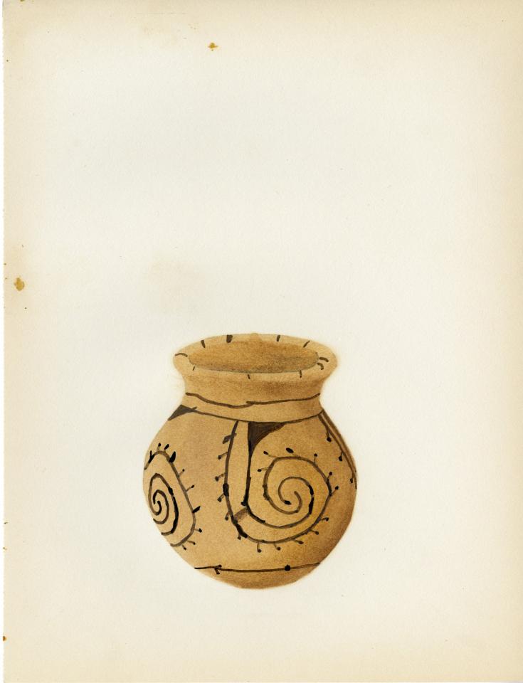 Painting of a black-on-buff jar with ticking lines around inside of rim