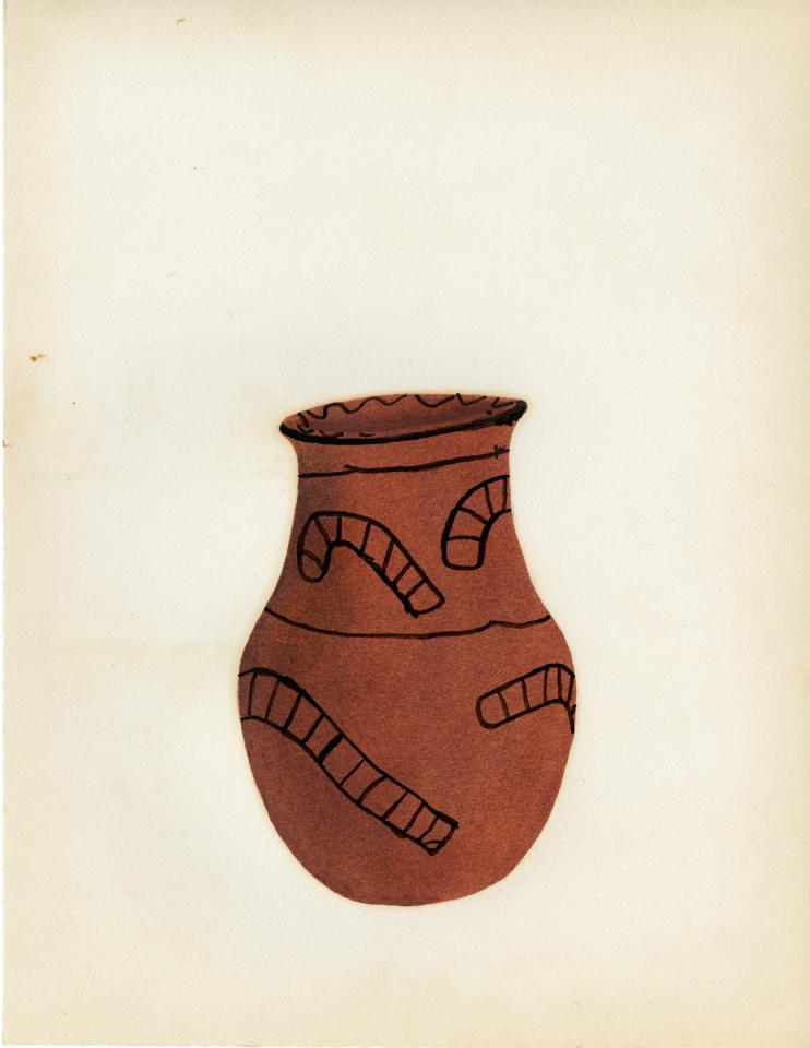 Painting of a black-on-red jar with candy cane-like design