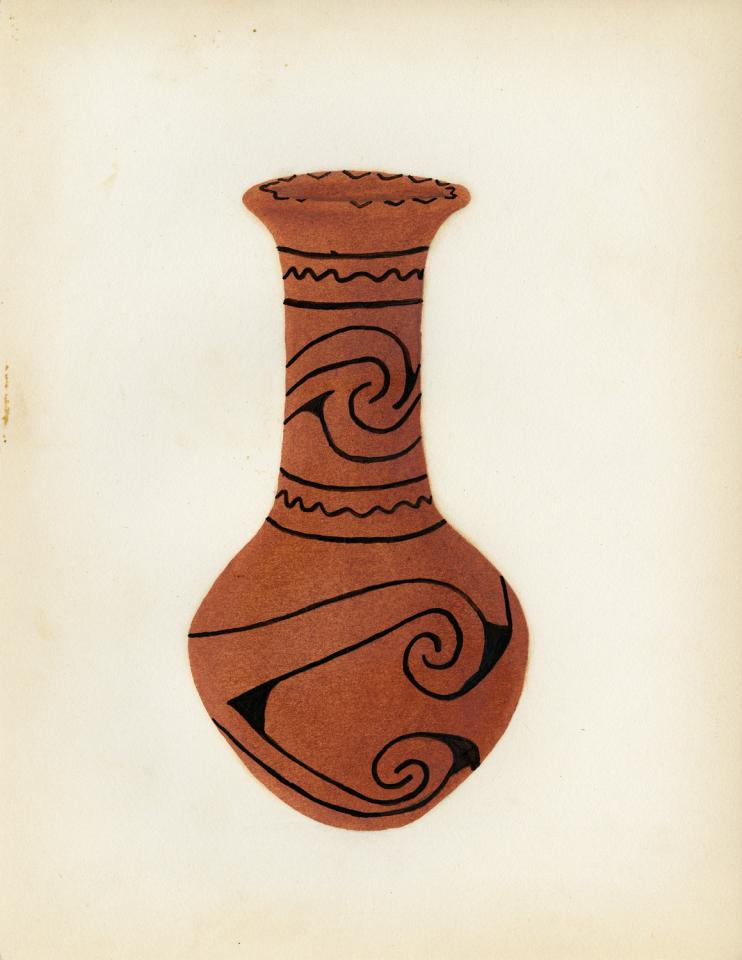 Painting of a black-on-red olla with interlocking scrolls
