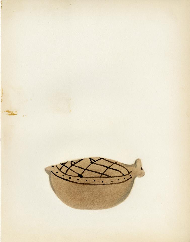 Painting of a black-on-buff animal-like vessel with hatched pattern