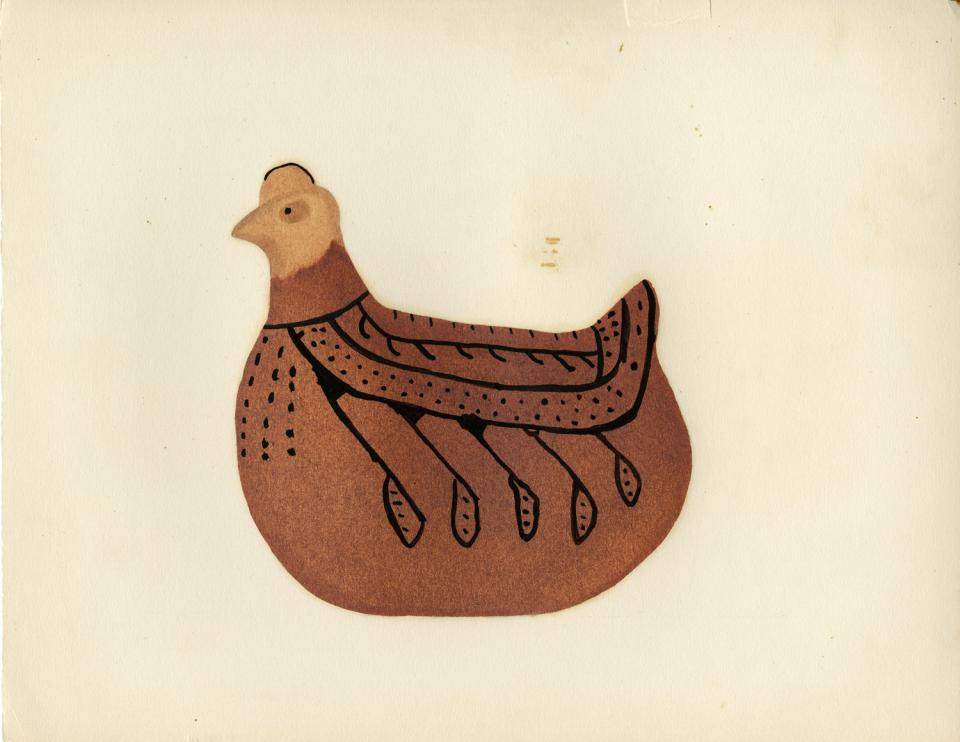 Painting of a black-on-red-and-buff bird figurine  with feather design