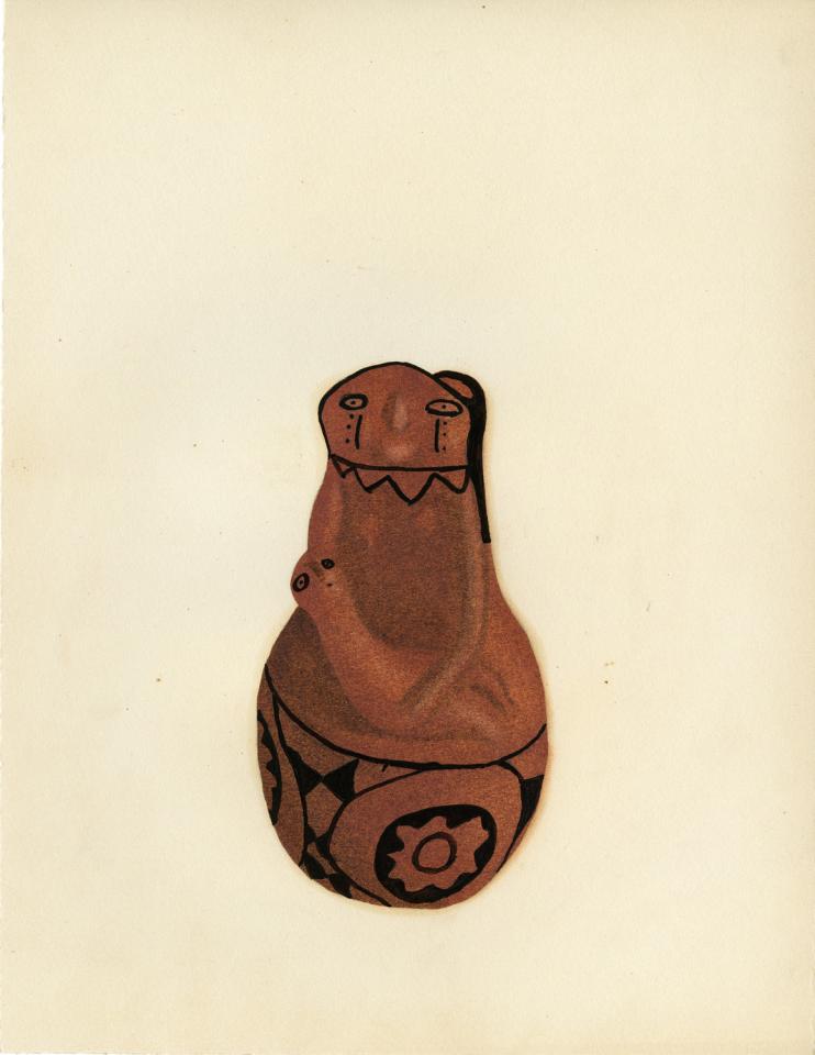 Painting of a black-on-red woman and child effigy vessel