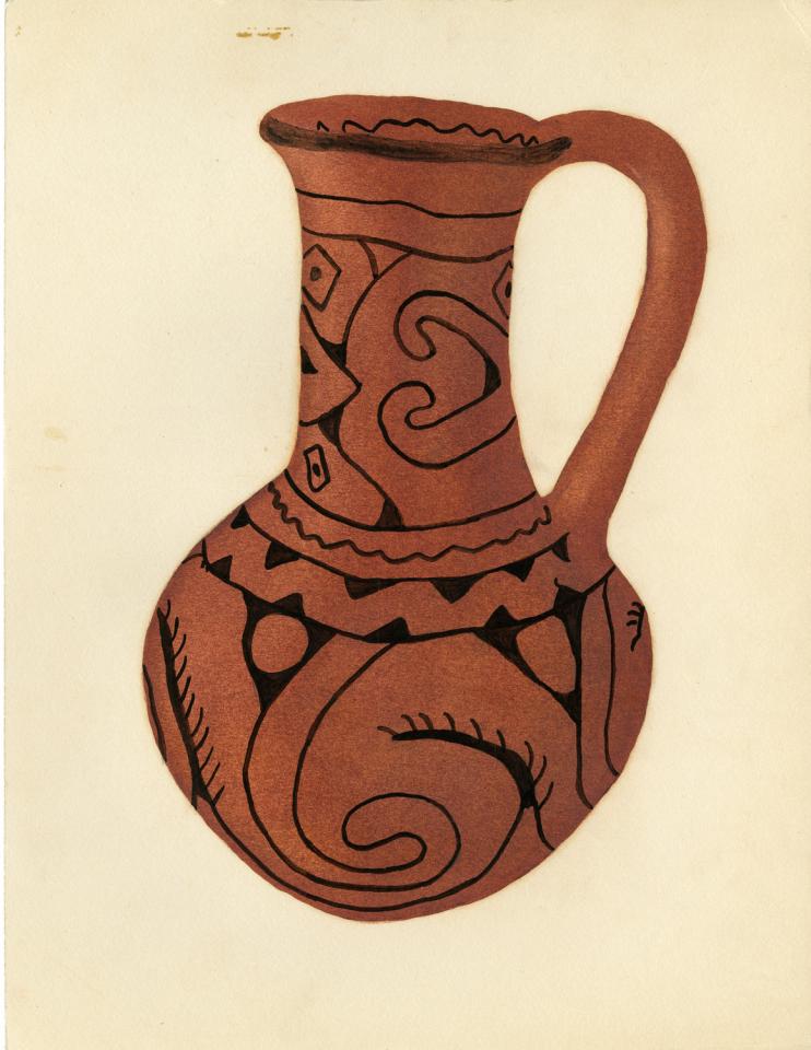 Painting of a black-on-red pitcher with ticking lines