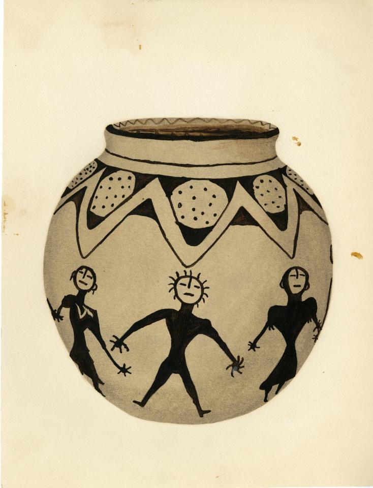 Painting of a black-on-buff bowl with human figures