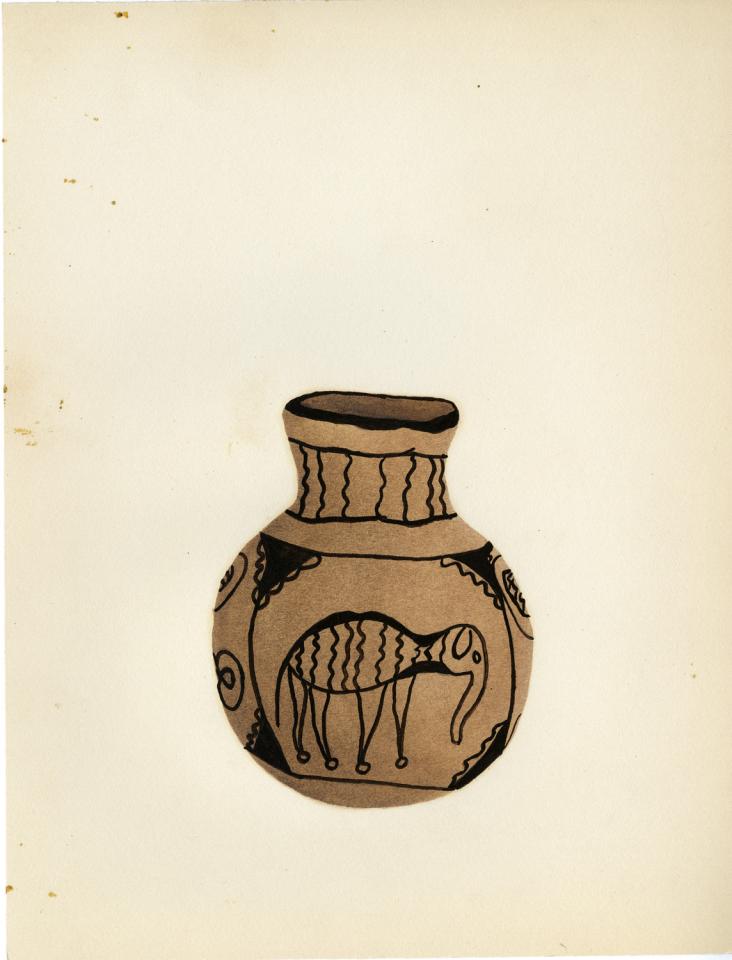 Painting of a black-on-buff jar with elephant design