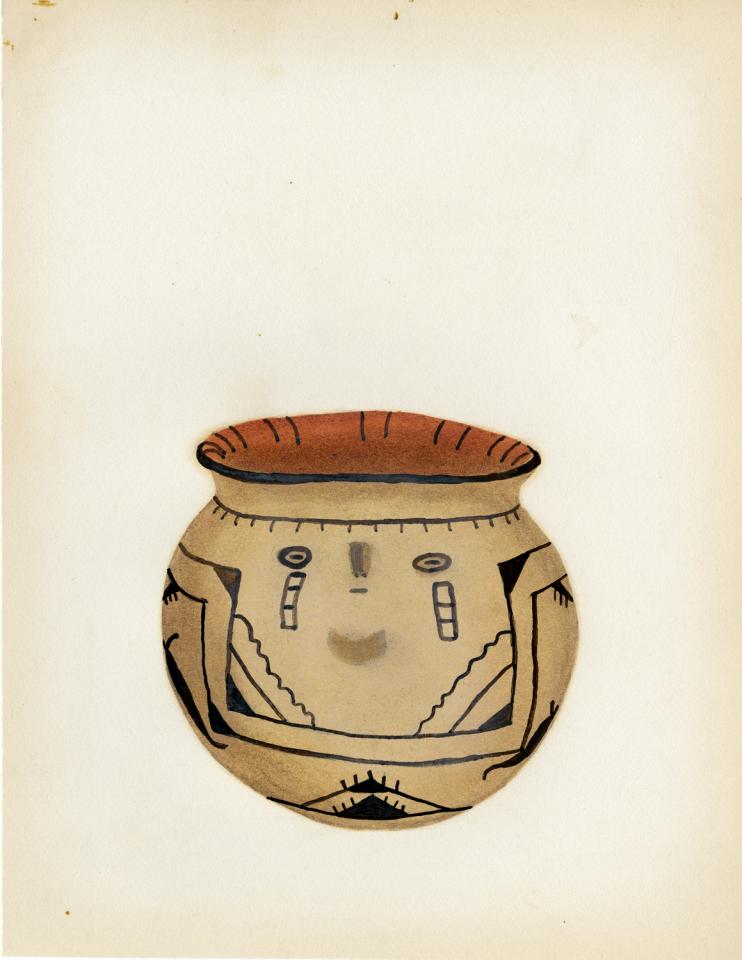 Painting of a black-on-buff jar with human facial elements