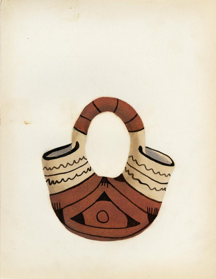 Painting of a black-on-red-and-buff double-spouted jar with wavy bands