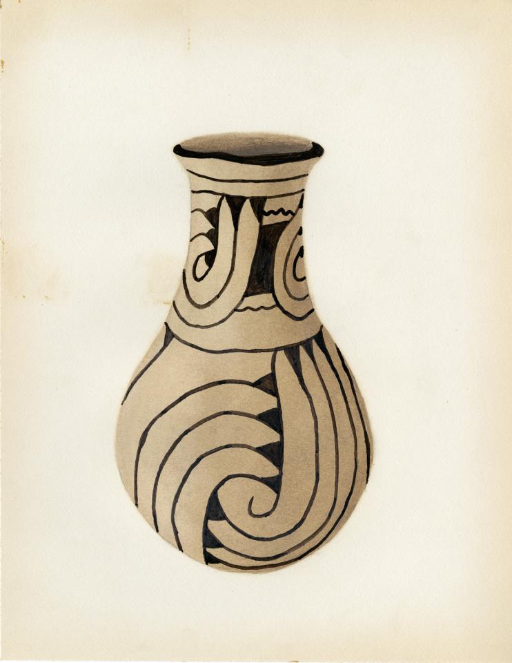 Painting of a black-on-buff olla with scroll patterns