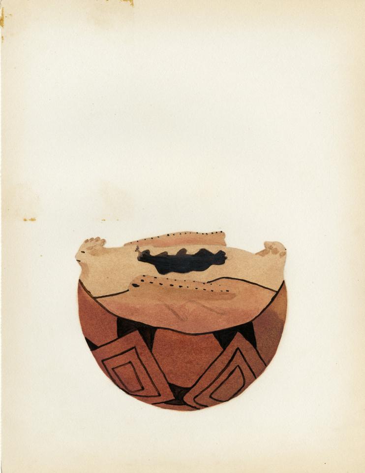 Painting of a black-on-red bowl with diamond design