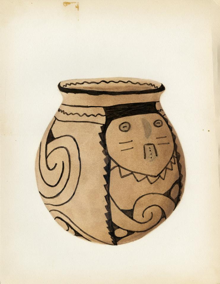 Painting of a black-on-buff jar with human facial features and interlocking scrolls