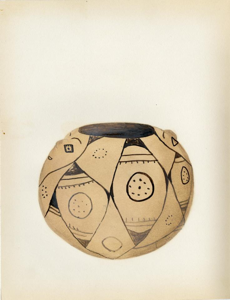 Painting of a black-on-buff-bowl with bull's eye design