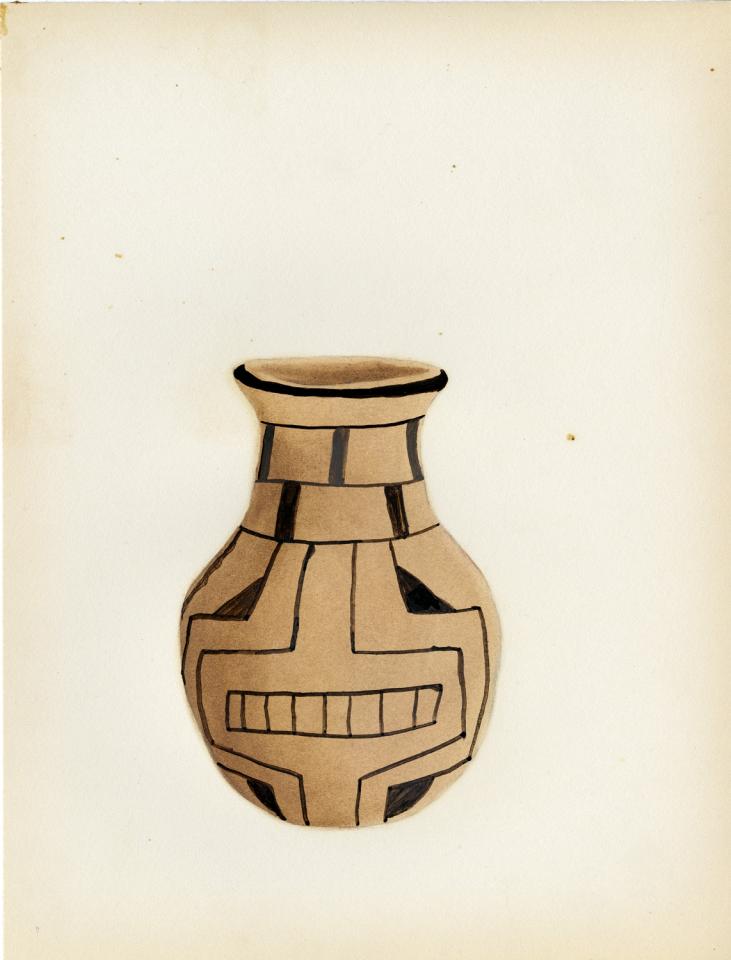 Painting of a black-on-buff olla with geometric designs