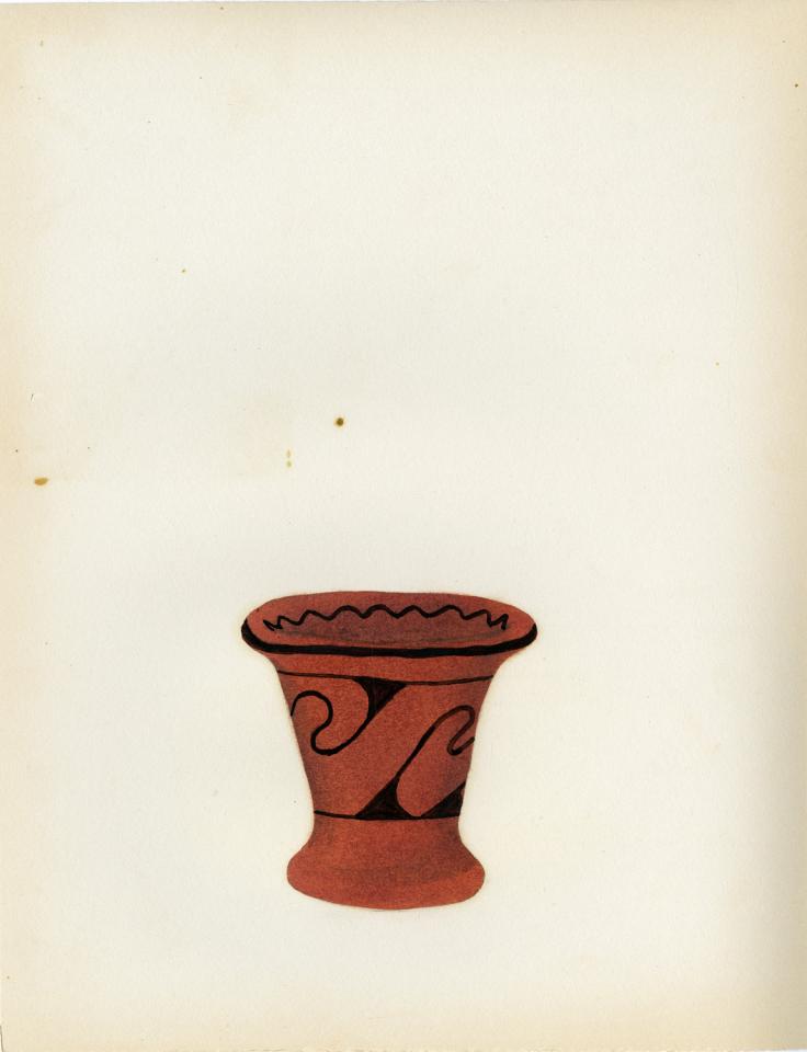 Painting of a black-on-red bowl with pedestal foot