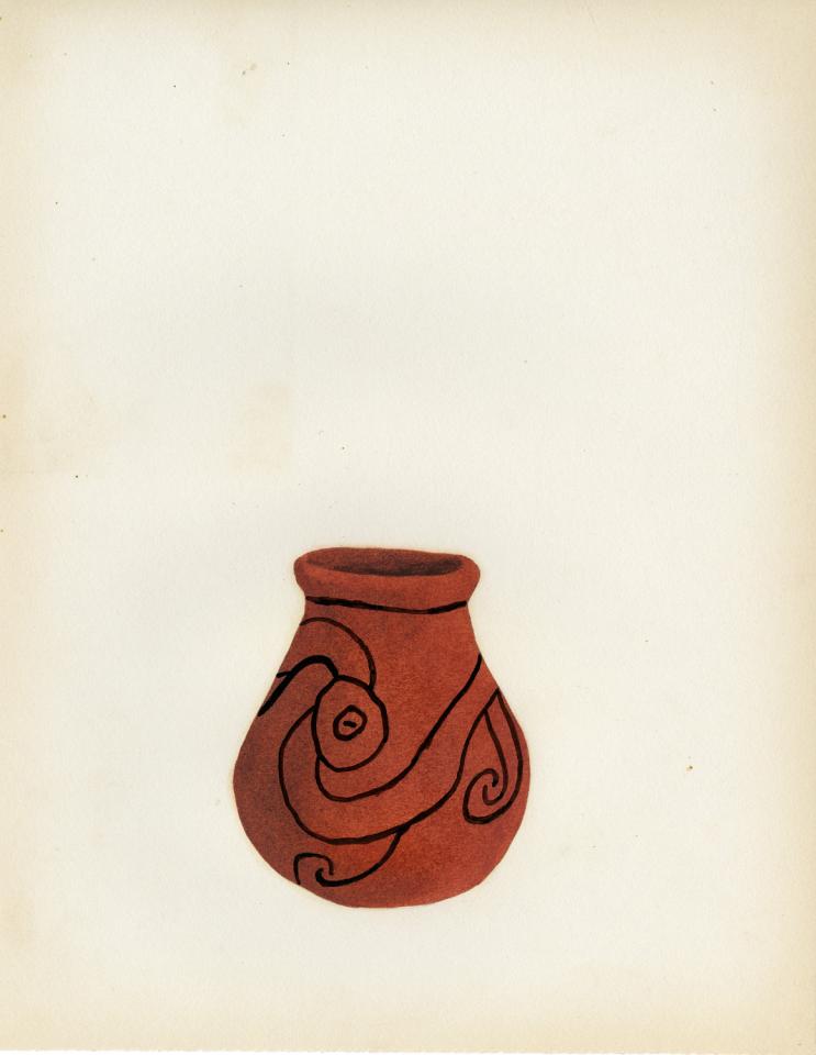 Painting of a black-on-red jar with scrolls connected with bull's eyes