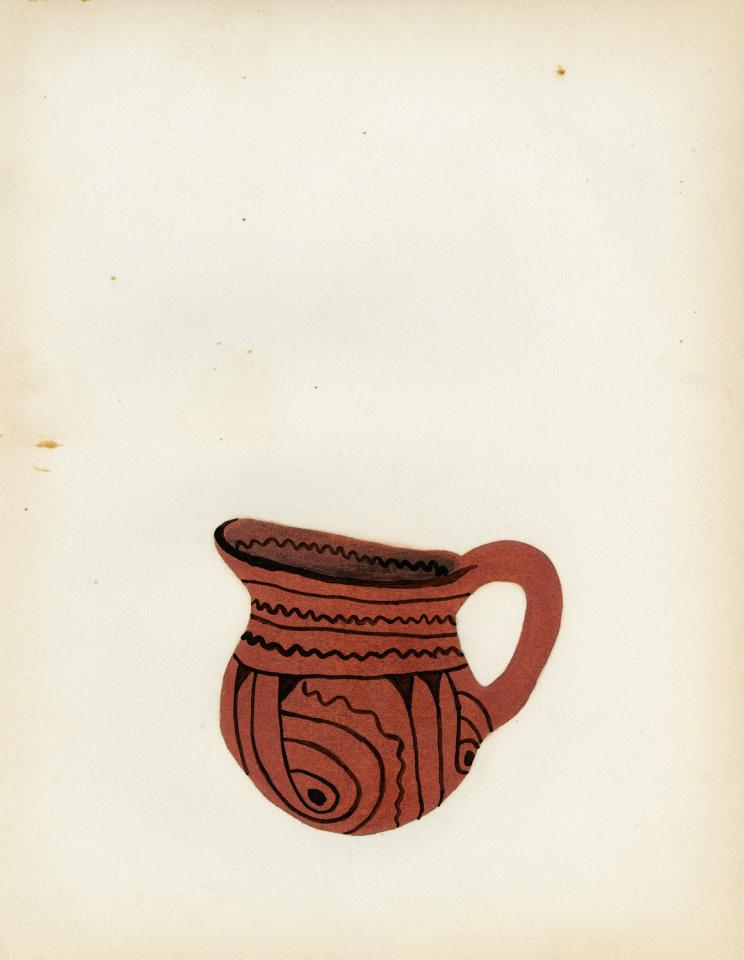 Painting of a black-on-red pitcher with wavy bands and scroll design