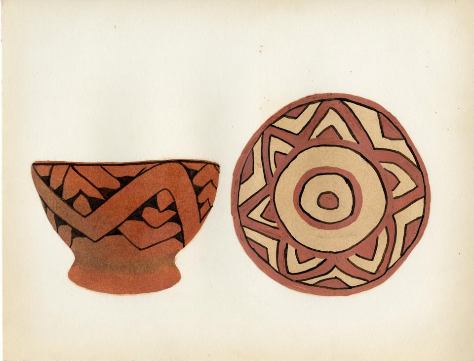 Painting of a black-on-red bowl with pedestal foot and abstract design