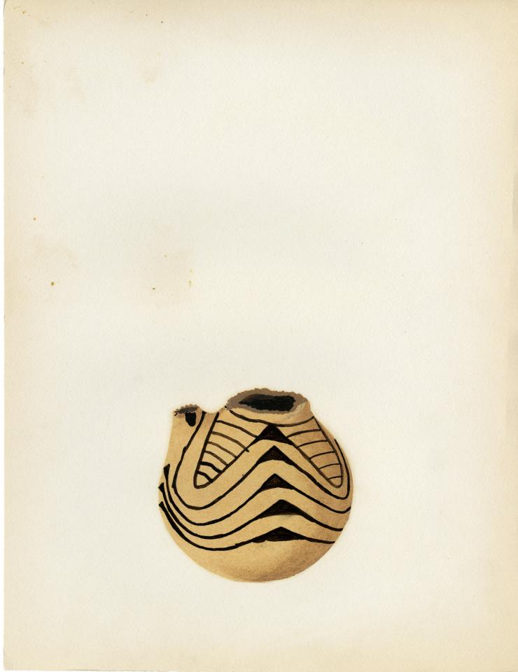 Painting of a black-on-buff double-spouted jar with undulating rims and triangle design