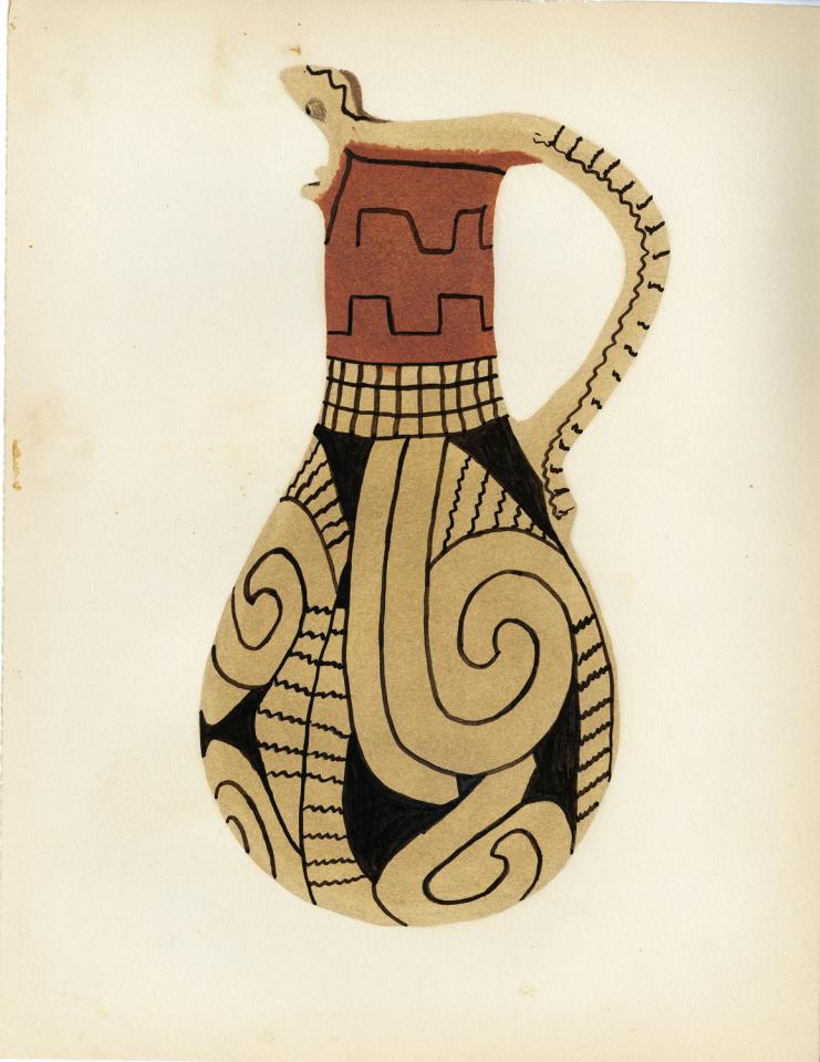 Painting of a polychrome  pitcher with black-on-buff snake figure for handle