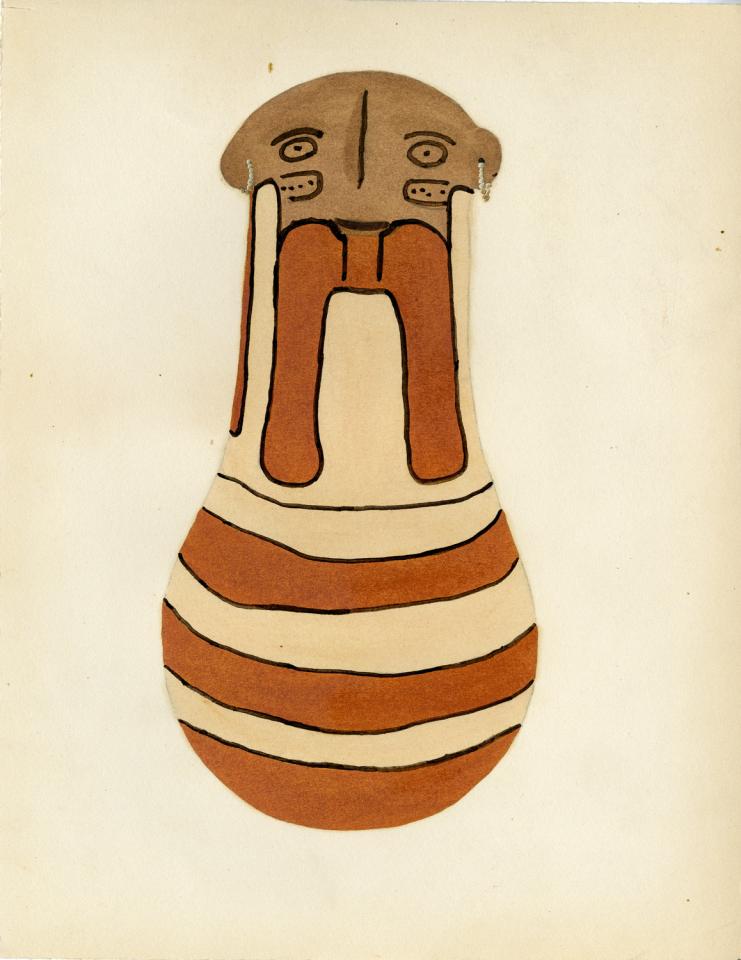Painting of a polychrome human effigy jar with beaded earrings