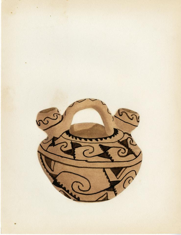 Painting of a black-on-buff double-spouted jar with handle
