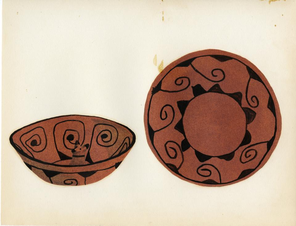 Painting of a black-on-red bowl with raised canine figurine in interior center