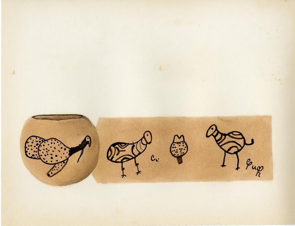 Painting of a black-on-buff bowl decorated with various animals