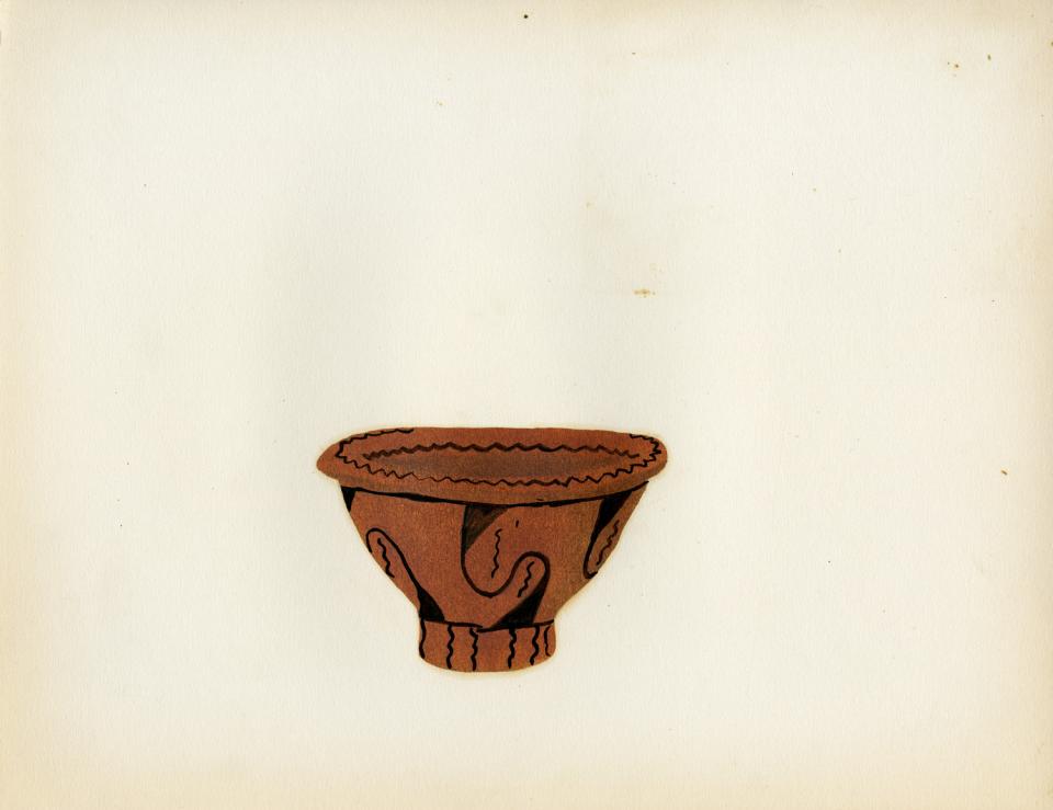 Painting of a black-on-red bowl with pedestal foot and wavy bands