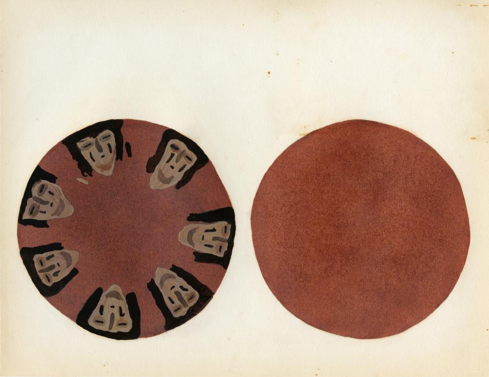 Painting of a black-and-buff-on-red platter with outside decorated with human faces