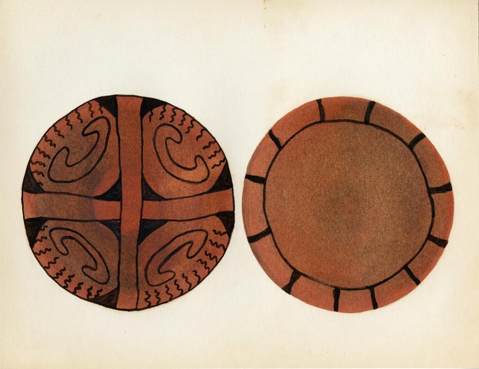 Painting of a black-on-red platter with interior decorated with C-shapes, wavy bands, and black triangles