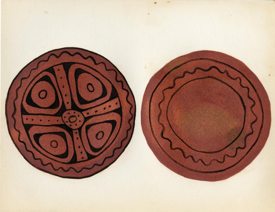 Painting of a black-on-red platter with interior decorated with triangles encasing bull's eye