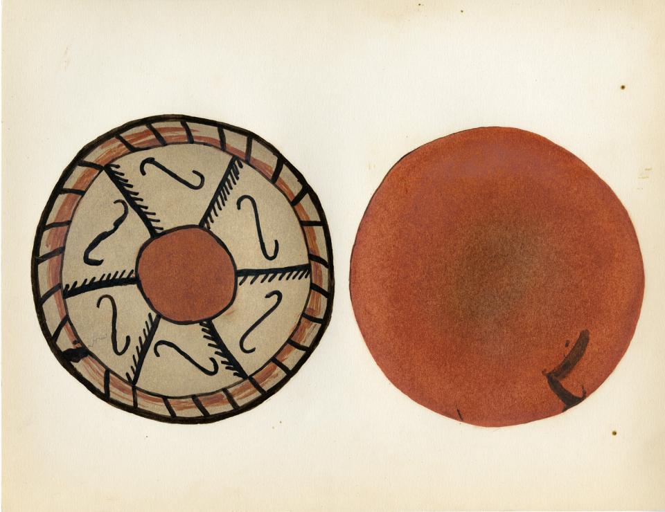Painting of a polychrome platter with interior decorated with scrolls