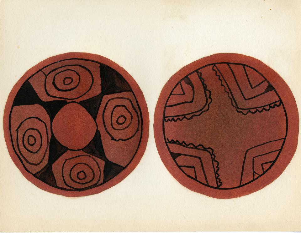 Painting of a black-on-red platter with interior decorated with bull's eye design