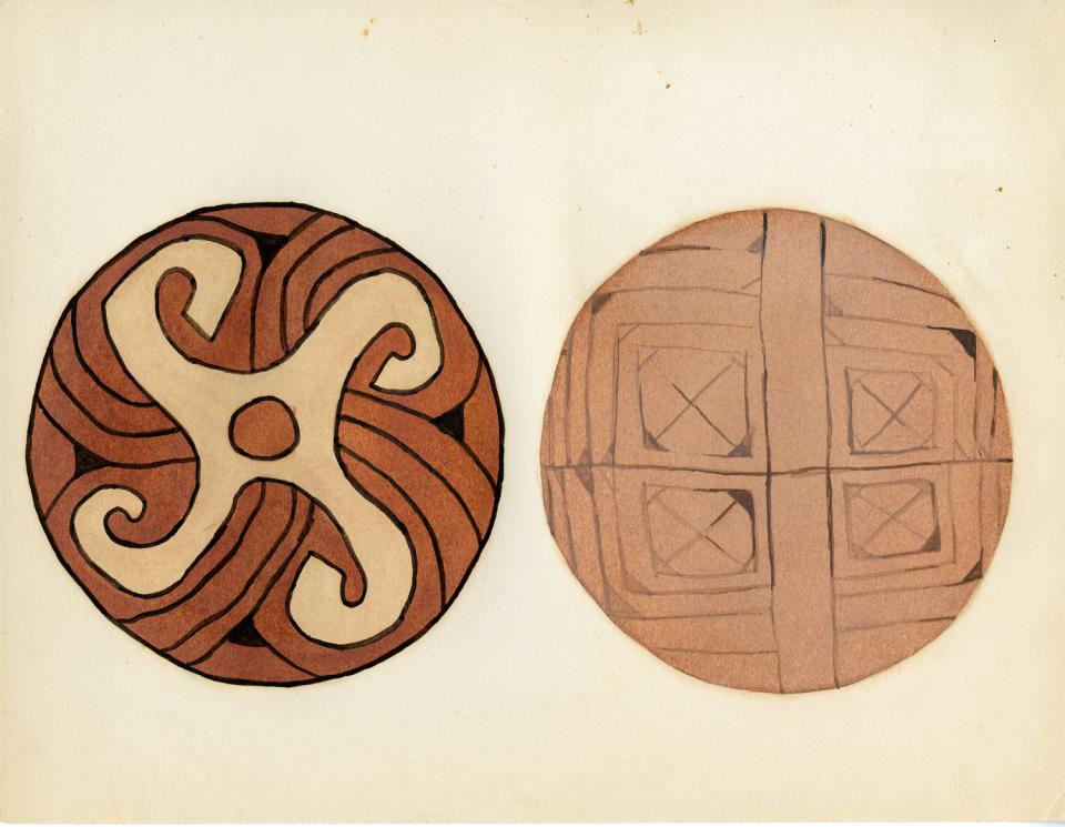 Painting of a polychrome platter with interior decorated with swastika design
